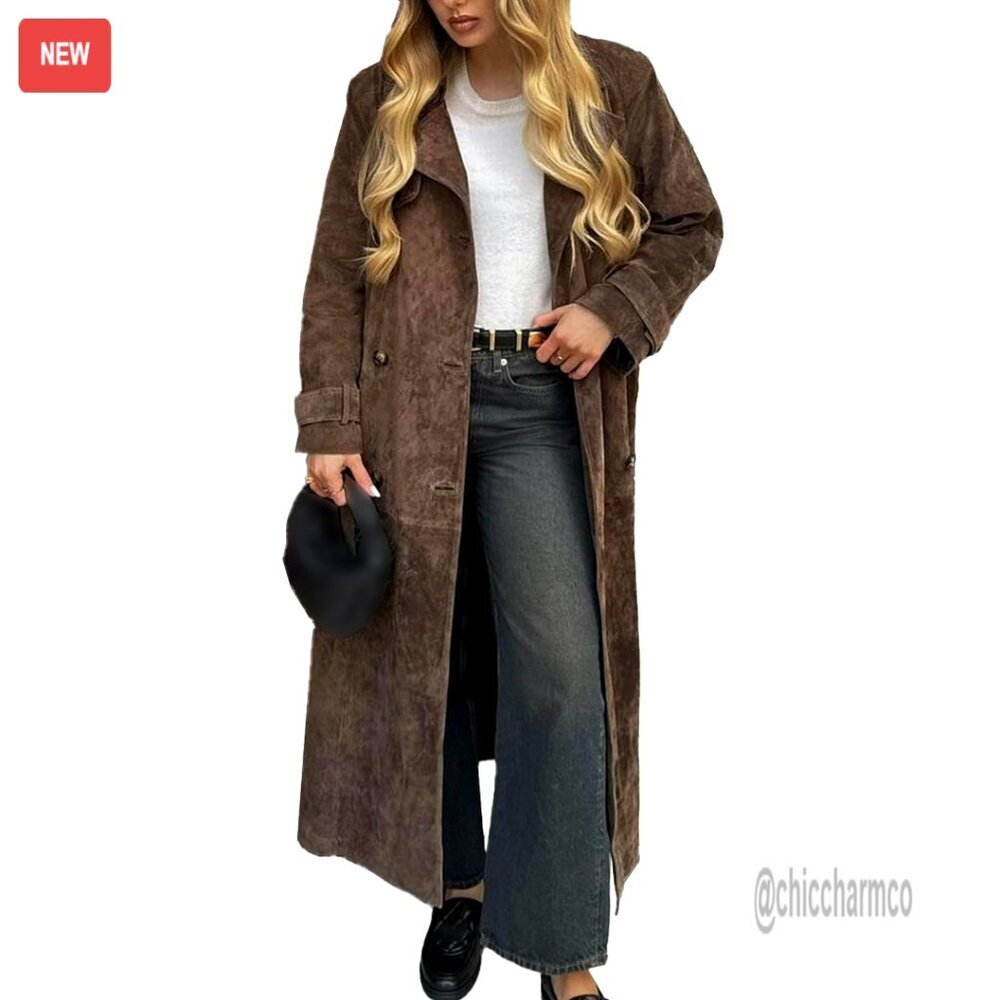 Faux Suede Long Trench Coat Double Breasted Overcoat with Belt